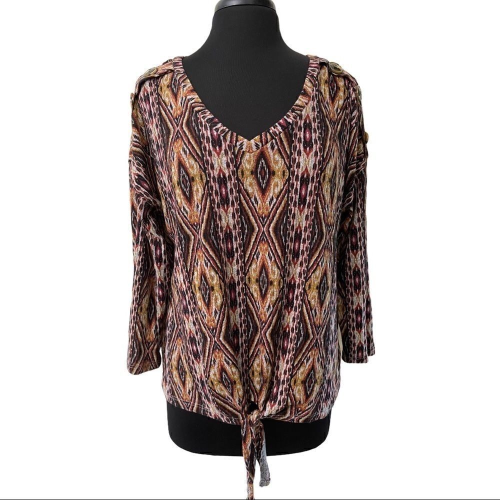 Signature Studio V-Neck Aztec Print Front Tie Waist Top Size XL